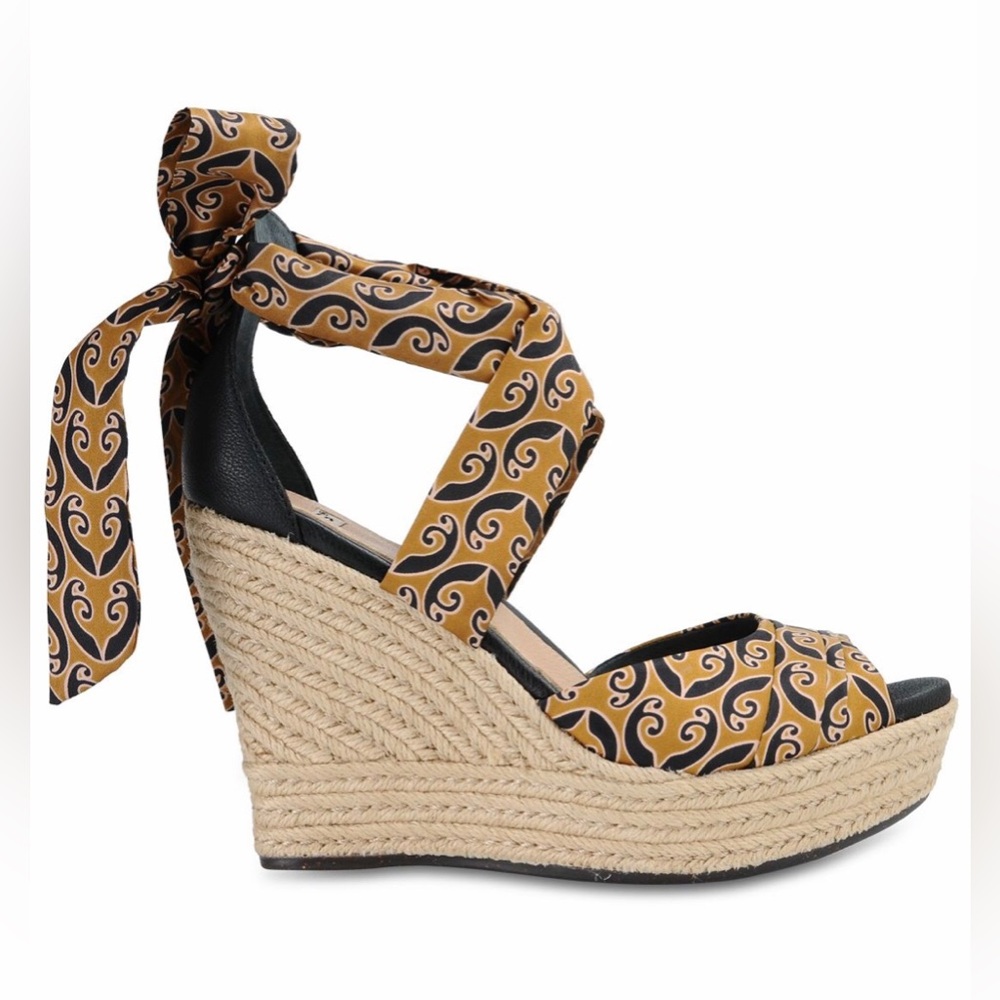 Ugg Brown Paisley Silk Strap Leather Espadrille Wedge Sandals Womens Size 9.5
